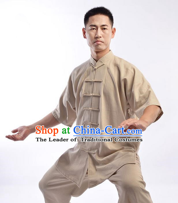 Traditional Chinese Top Linen Short Sleeve Kung Fu Costume Martial Arts Kung Fu Training Uniform Gongfu Shaolin Wushu Clothing Tai Chi Taiji Teacher Suits Uniforms for Men