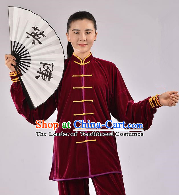 Traditional Chinese Thicken Pleuche Kung Fu Costume Martial Arts Kung Fu Training Uniform Tang Suit Gongfu Shaolin Wushu Clothing Tai Chi Taiji Teacher Suits Uniforms for Women