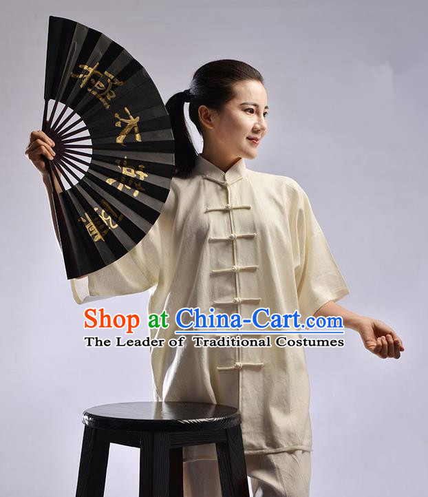 Traditional Chinese Linen Kung Fu Short Sleeve Costume Martial Arts Kung Fu Training Uniform Tang Suit Gongfu Shaolin Wushu Clothing Tai Chi Taiji Teacher Suits Uniforms for Women