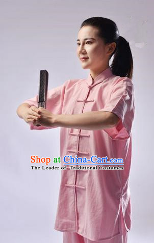 Traditional Chinese Linen Kung Fu Short Sleeve Costume Martial Arts Kung Fu Training Uniform Tang Suit Gongfu Shaolin Wushu Clothing Tai Chi Taiji Teacher Suits Uniforms for Women