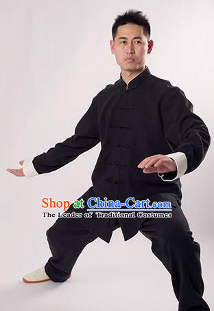 Traditional Chinese Thicken Linen Kung Fu Costume Martial Arts Kung Fu Training Uniform Tang Suit Gongfu Shaolin Wushu Clothing Tai Chi Taiji Teacher Suits Uniforms for Men