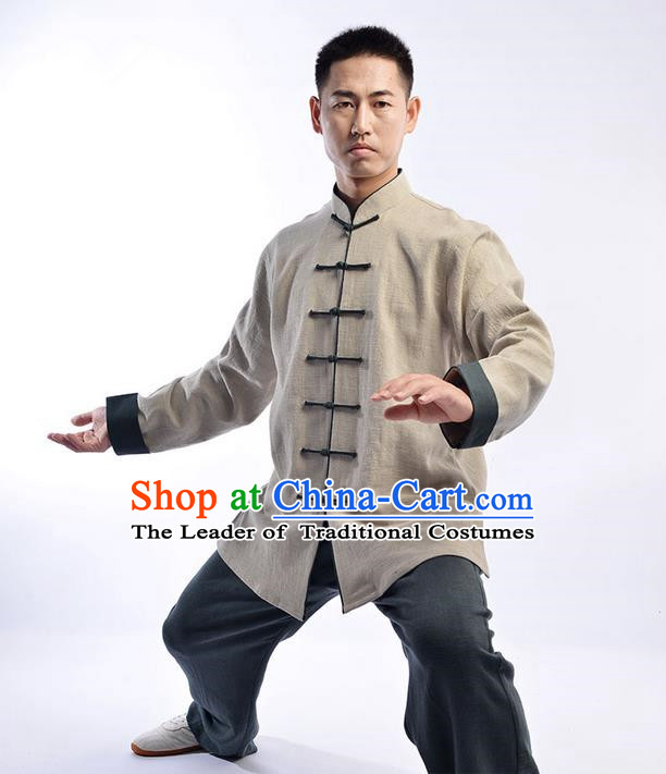 Traditional Chinese Thicken Linen Kung Fu Costume Martial Arts Kung Fu Training Uniform Tang Suit Gongfu Shaolin Wushu Clothing Tai Chi Taiji Teacher Suits Uniforms for Men