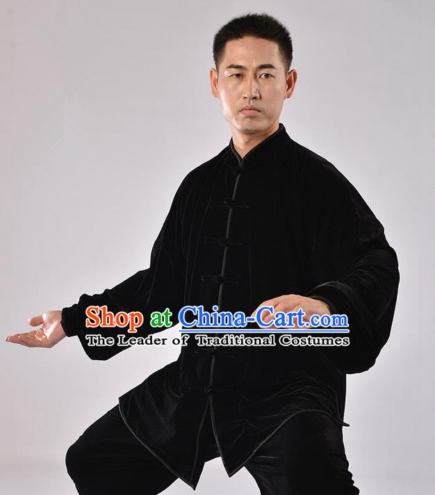 Traditional Chinese Thicken Pleuche Kung Fu Costume Martial Arts Kung Fu Training Uniform Tang Suit Gongfu Shaolin Wushu Clothing Tai Chi Taiji Teacher Suits Uniforms for Men