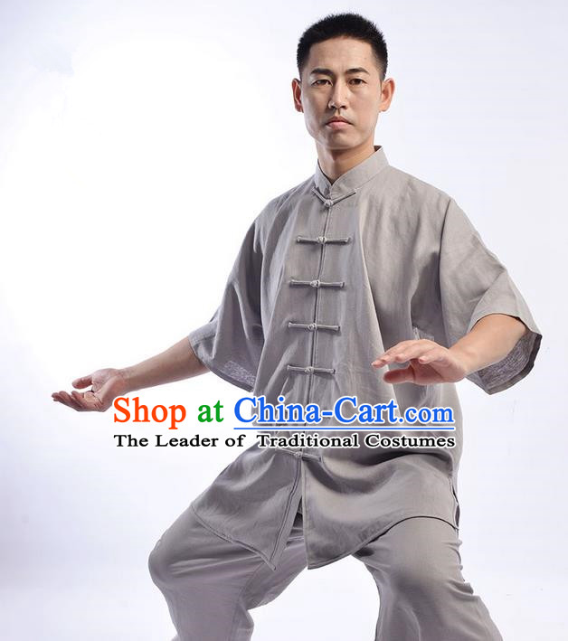 Traditional Chinese Linen Kung Fu Short Sleeve Costume Martial Arts Kung Fu Training Uniform Tang Suit Gongfu Shaolin Wushu Clothing Tai Chi Taiji Teacher Suits Uniforms for Men