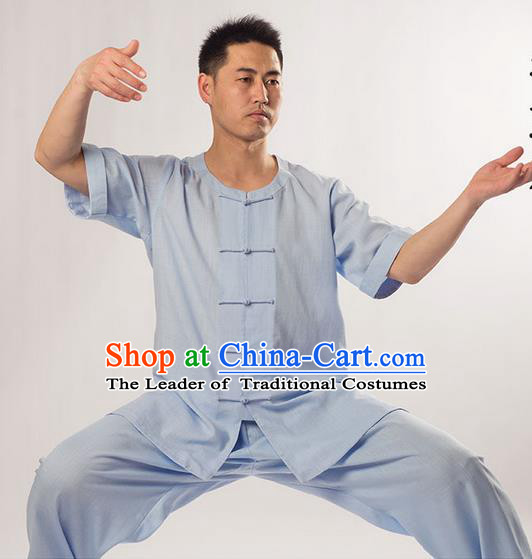 Traditional Chinese Fine Linen Short Sleeve Kung Fu Costume Martial Arts Kung Fu Training Uniform Tang Suit Gongfu Shaolin Wushu Clothing Tai Chi Taiji Teacher Suits Uniforms for Men