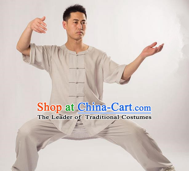 Traditional Chinese Fine Linen Short Sleeve Kung Fu Costume Martial Arts Kung Fu Training Uniform Tang Suit Gongfu Shaolin Wushu Clothing Tai Chi Taiji Teacher Suits Uniforms for Men