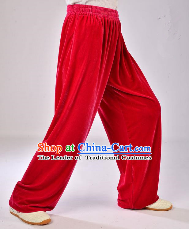 Traditional Chinese Thicken Pleuche Kung Fu Trousers, Martial Arts Kung Fu Training Trousers Tang Suit Gongfu Shaolin Wushu Clothing Tai Chi Taiji Teacher Pants for Women