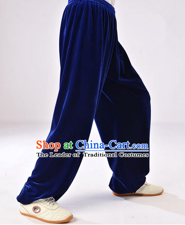 Traditional Chinese Thicken Pleuche Kung Fu Trousers, Martial Arts Kung Fu Training Trousers Tang Suit Gongfu Shaolin Wushu Clothing Tai Chi Taiji Teacher Pants for Men