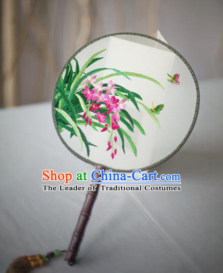 Traditional Chinese Palace Lady Accessories Hanfu Embroidered Orchid Fans, Asian China Ancient Round Fan for Women