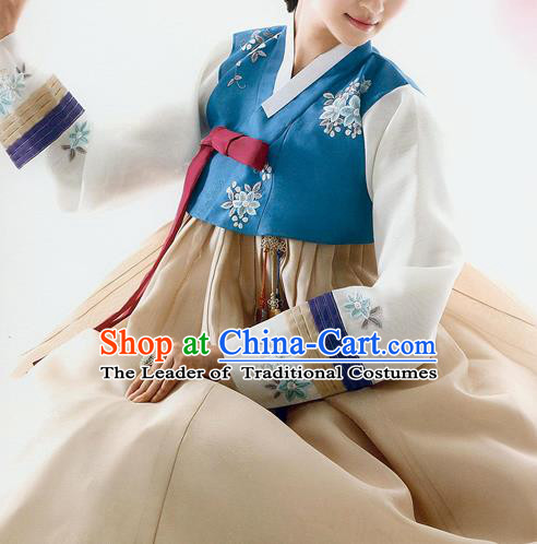 Traditional Korean Costumes Bride Wedding Deep Blue Blouse and Yellow Silk Dress, Korea Hanbok Princess Court Embroidered Clothing for Women