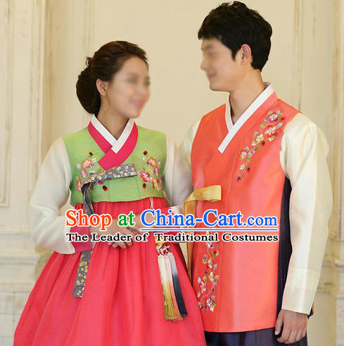 Traditional Korean Costumes Bridegroom and Bride Formal Attire Ceremonial Clothes, Korea Court Embroidered Wedding Clothing for Men for Women