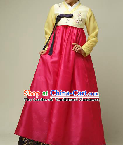 Traditional Korean Costumes Imperial Palace Lady Wedding Yellow Blouse and Red Dress, Asian Korea Hanbok Court Bride Embroidered Clothing for Women