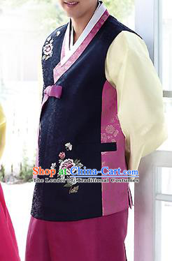 Traditional Korean Costumes Bridegroom Formal Attire Ceremonial Navy Cloth, Asian Korea Hanbok Embroidered Clothing for Men