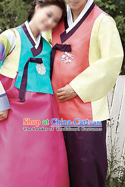 Traditional Korean Costumes Palace Lady Formal Attire Ceremonial Blue Blouse and Pink Dress, Asian Korea Hanbok Bride Embroidered Clothing for Women