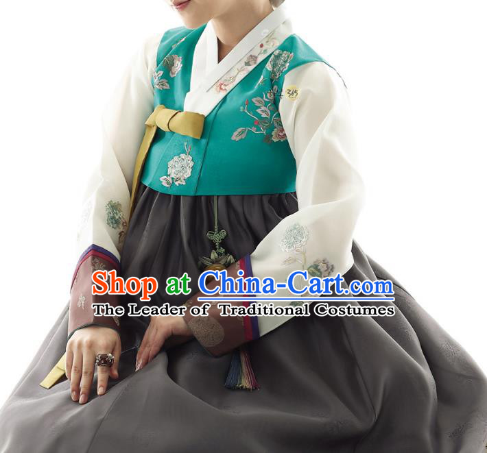 Traditional Korean Costumes Palace Lady Formal Attire Ceremonial Green Blouse and Black Dress, Asian Korea Hanbok Bride Embroidered Clothing for Women