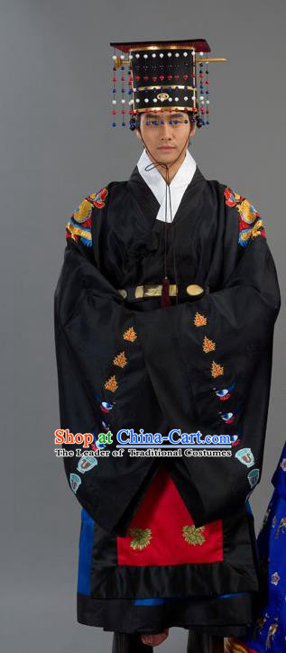 Traditional Korean Costumes Bridegroom Formal Attire Ceremonial Black Cloth, Asian Korea Emperor Hanbok Embroidered Clothing for Men