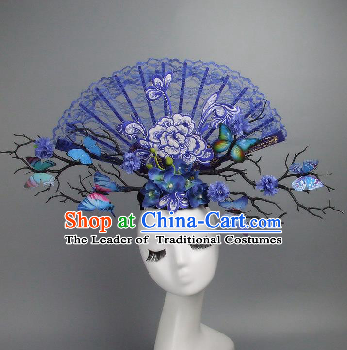 Asian China Theatrical Ornamental Flowers Blue Lace Floral Hair Accessories Model Show Headdress, Traditional Chinese Manchu Lady Headwear for Women