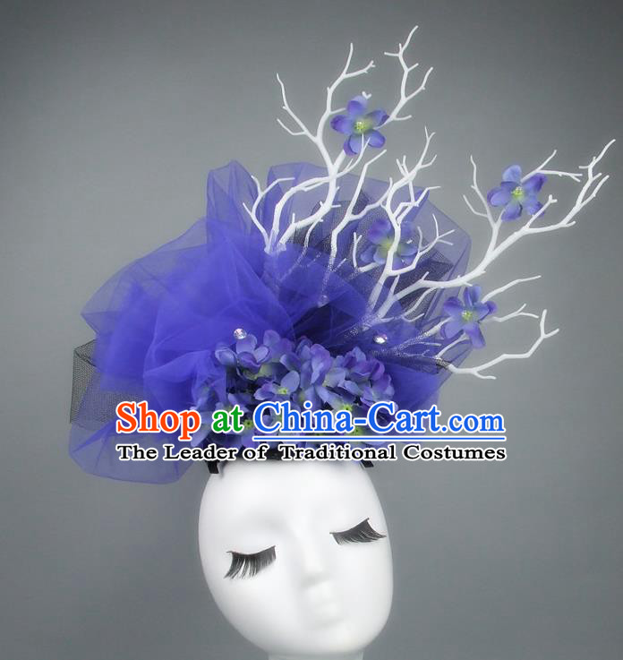 Asian China Blue Veil Hair Accessories Model Show Headdress, Halloween Ceremonial Occasions Miami Deluxe Headwear