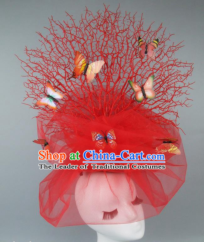 Asian China Exaggerate Red Veil Hair Accessories Model Show Butterfly Headdress, Halloween Ceremonial Occasions Miami Deluxe Headwear