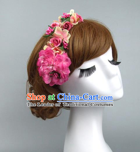 Traditional Handmade Chinese Classical Wedding Hair Accessories, Baroque Bride Pink Flowers Hair Clasp for Women