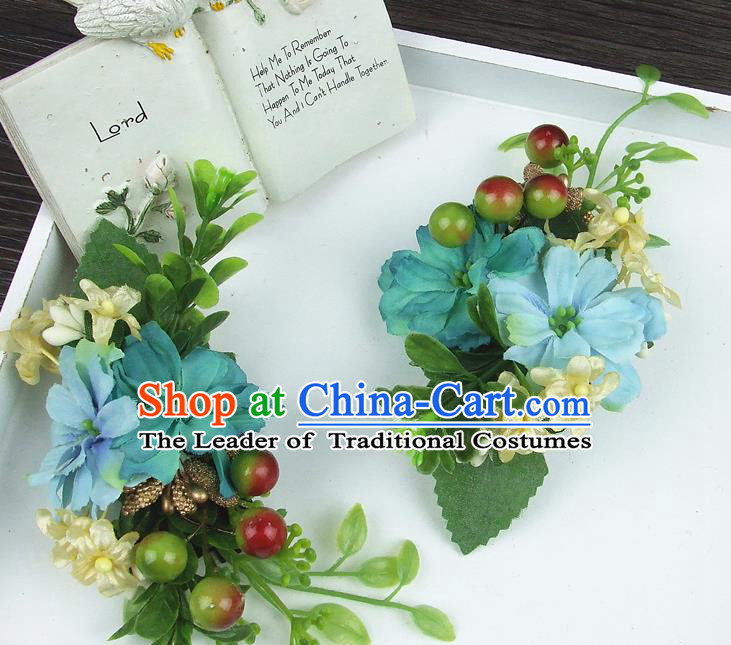 Asian China Wedding Bride Hair Accessories Blue Flower Hair Stick Baroque Headwear for Women