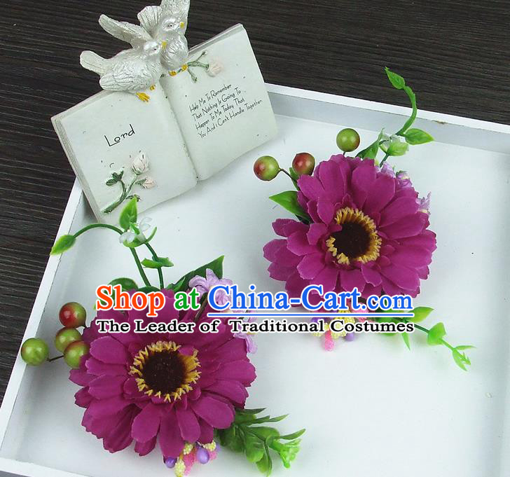 Asian China Wedding Bride Hair Accessories Deep Purple Flower Hair Stick Baroque Headwear for Women