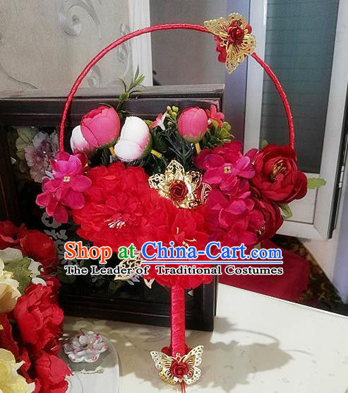 Traditional Handmade Chinese Ancient Wedding Catwalks Round Fans, Hanfu Palace Lady Bride Red Flowers Mandarin Fans for Women