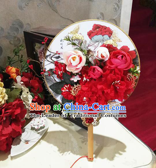 Traditional Handmade Chinese Ancient Wedding Round Fans, Hanfu Palace Lady Bride Mandarin Fans for Women