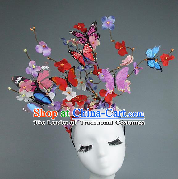 Asian China Exaggerate Hair Accessories Model Show Butterfly Headpiece, Halloween Ceremonial Occasions Miami Deluxe Headwear