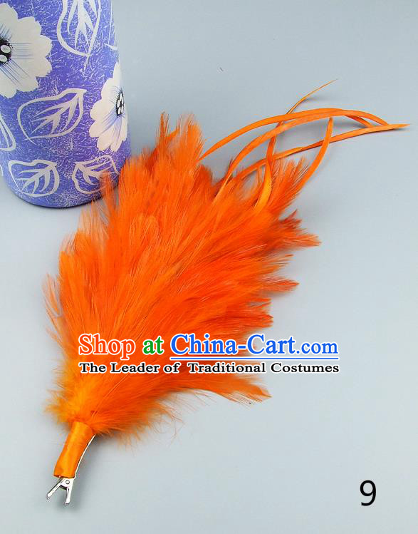 Top Grade Handmade Latin Dance Hair Accessories Orange Feather Hair Claw, Baroque Style Wedding Bride Hair Stick for Women