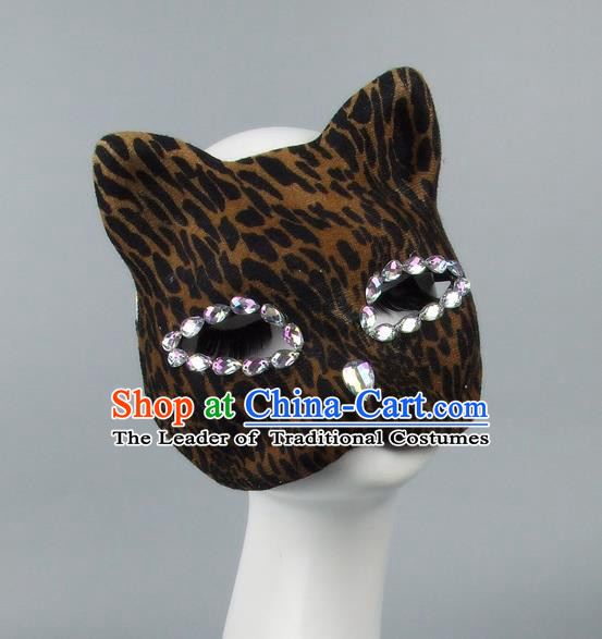 Handmade Exaggerate Fancy Ball Accessories Model Show Crystal Cat Coffee Mask, Halloween Ceremonial Occasions Face Mask