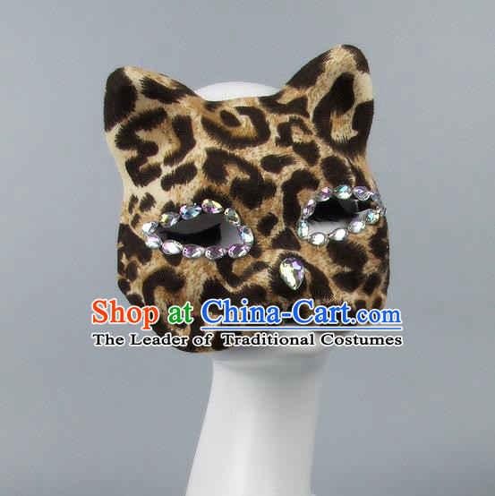 Handmade Exaggerate Fancy Ball Accessories Model Show Crystal Cat Coffee Mask, Halloween Ceremonial Occasions Face Mask