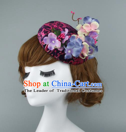 Top Grade Handmade Wedding Hair Accessories Model Show Purple Flowers Top Hat, Baroque Style Bride Deluxe Headwear for Women