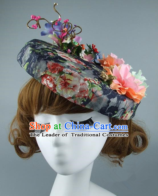 Top Grade Handmade Wedding Hair Accessories Model Show Flowers Top Hat, Baroque Style Bride Deluxe Headwear for Women