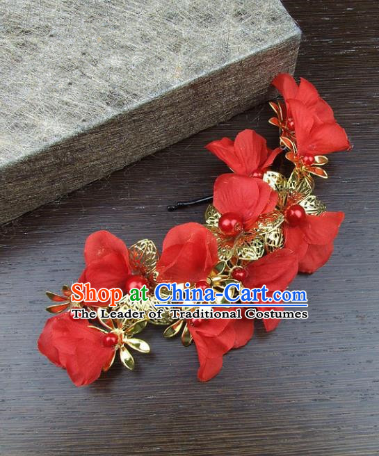 Top Grade Handmade Wedding Hair Accessories Red Headdress Silk Flowers, Baroque Style Bride Headwear for Women