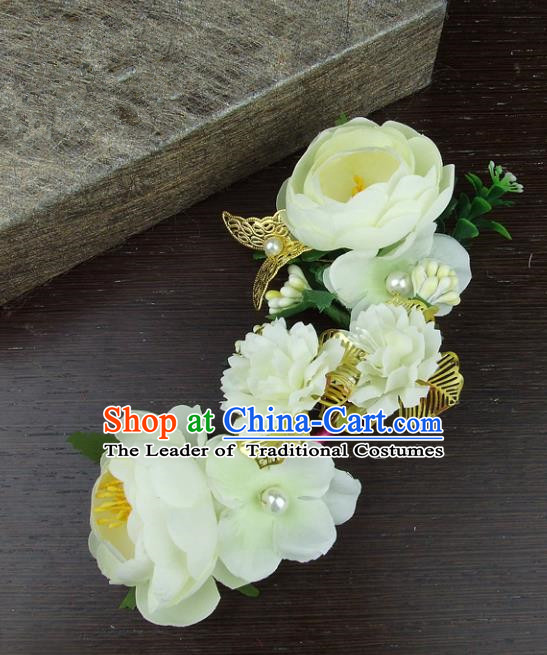 Top Grade Handmade Wedding Hair Accessories Beige Headdress Silk Flowers, Baroque Style Bride Headwear for Women