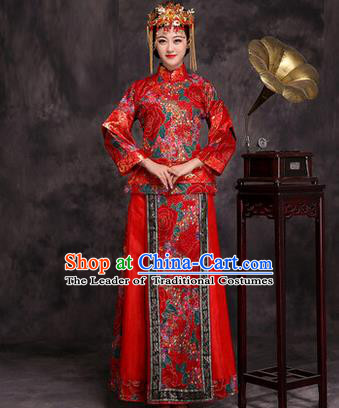 Traditional Ancient Chinese Princess Wedding Costume, Asian Chinese Xiuhe Suit Palace Lady Bride Red Dress Clothing for Women