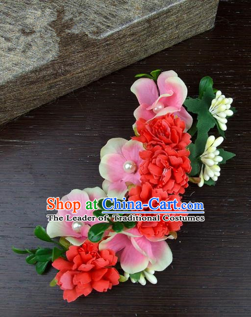 Top Grade Handmade Wedding Hair Accessories Red Silk Flowers Hair Stick Headpiece, Baroque Style Bride Headwear for Women