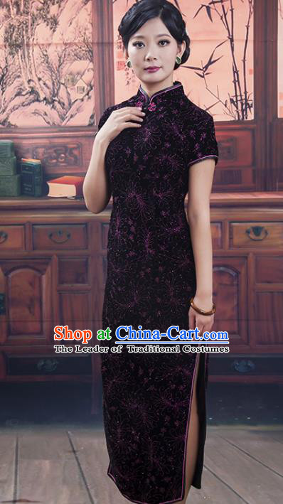 Traditional Chinese National Costume White Qipao Printing Deep Purple Cheongsam Chirpaur Dress for Women