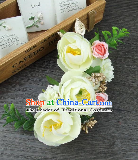 Top Grade Handmade Wedding Hair Accessories Yellow Silk Rose Flowers Hair Stick Headpiece, Baroque Style Bride Headwear for Women