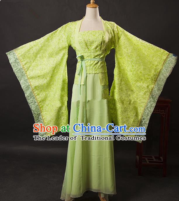 Asian China Ancient Tang Dynasty Palace Lady Costume, Traditional Chinese Hanfu Embroidered Green Dress Clothing for Women