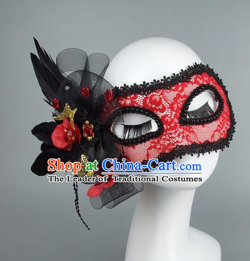 Top Grade Handmade Exaggerate Fancy Ball Accessories Model Show Red Lace Feather Mask, Halloween Ceremonial Occasions Face Mask