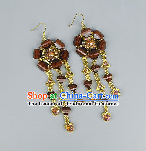 Top Grade Wedding Accessories Vintage Tassel Flower Earrings, Baroque Style Handmade Bride Brown Crystal Eardrop for Women