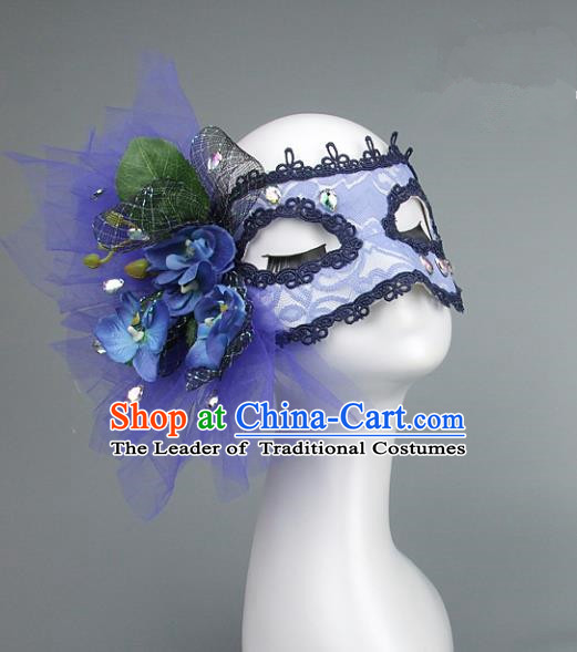 Top Grade Handmade Exaggerate Fancy Ball Accessories Blue Veil Mask, Halloween Model Show Ceremonial Occasions Face Mask