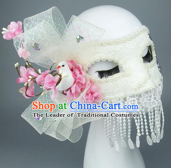 Top Grade Handmade Exaggerate Fancy Ball Accessories Flowers Pigeon Tassel Mask, Halloween Model Show Ceremonial Occasions Face Mask