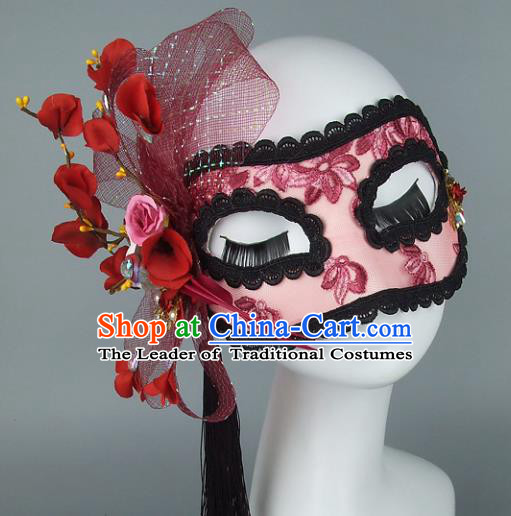 Top Grade Handmade Exaggerate Fancy Ball Accessories Red Veil Lace Mask, Halloween Model Show Ceremonial Occasions Face Mask