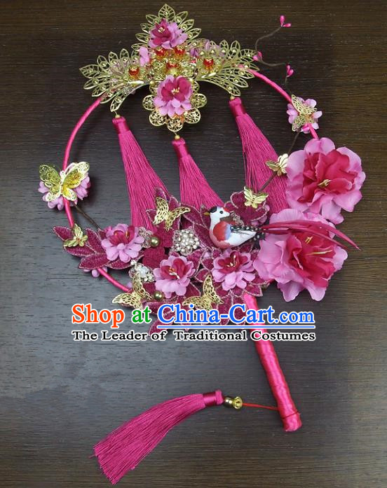 Traditional Handmade Chinese Ancient Wedding Pink Flowers Butterfly Round Fans, Hanfu Palace Lady Bride Xiuhe Suit Mandarin Fans for Women