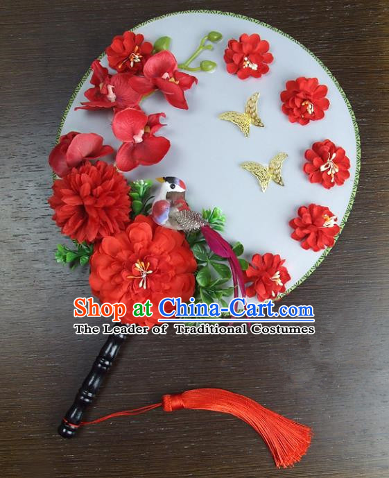 Traditional Handmade Chinese Ancient Wedding Red Flowers Butterfly Round Fans, Hanfu Palace Lady Bride Xiuhe Suit Mandarin Fans for Women