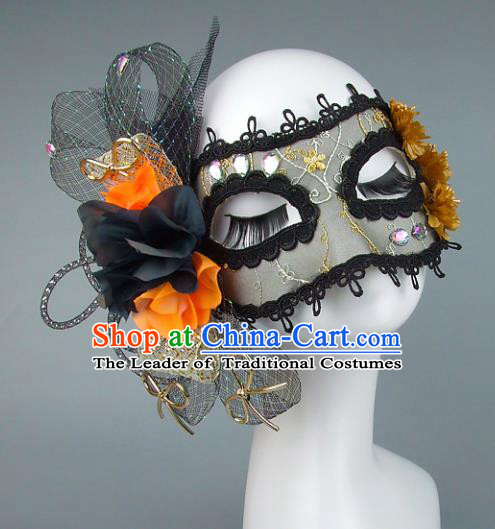 Top Grade Handmade Exaggerate Fancy Ball Accessories Black Veil Mask, Halloween Model Show Ceremonial Occasions Face Mask