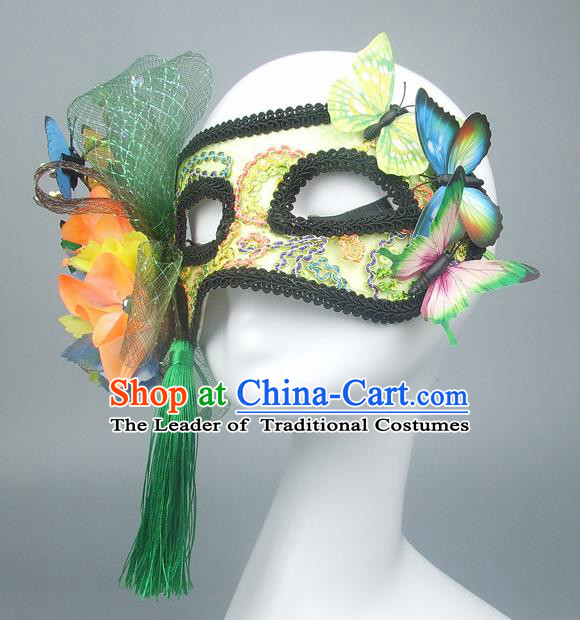 Handmade Halloween Fancy Ball Accessories Green Flowers Butterfly Mask, Ceremonial Occasions Miami Model Show Face Mask